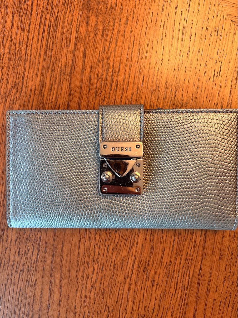 GUESS Silver Metallic Faux-Snake Long Wallet Turn-Lock